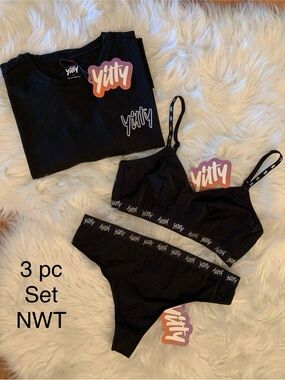 NWT 3pc Set YITTY Black Shimmer Iconic Tee Shirt (L), Bra (M), Thong (L) All NEW